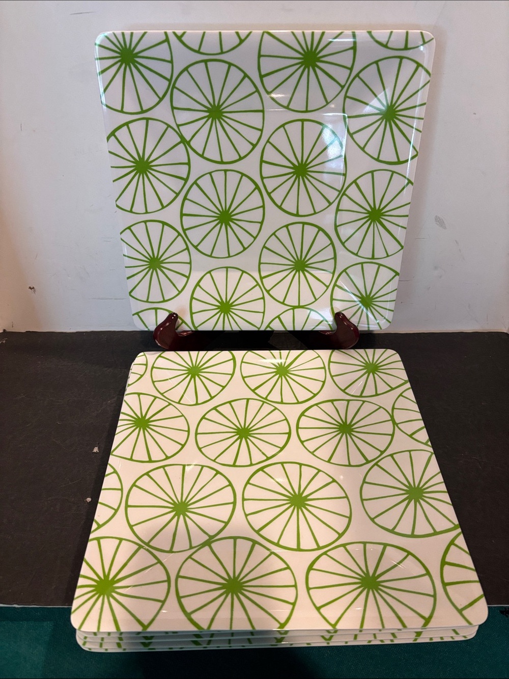 Green Wheel Pattern Square Melamine Serving Plates - Set of 6